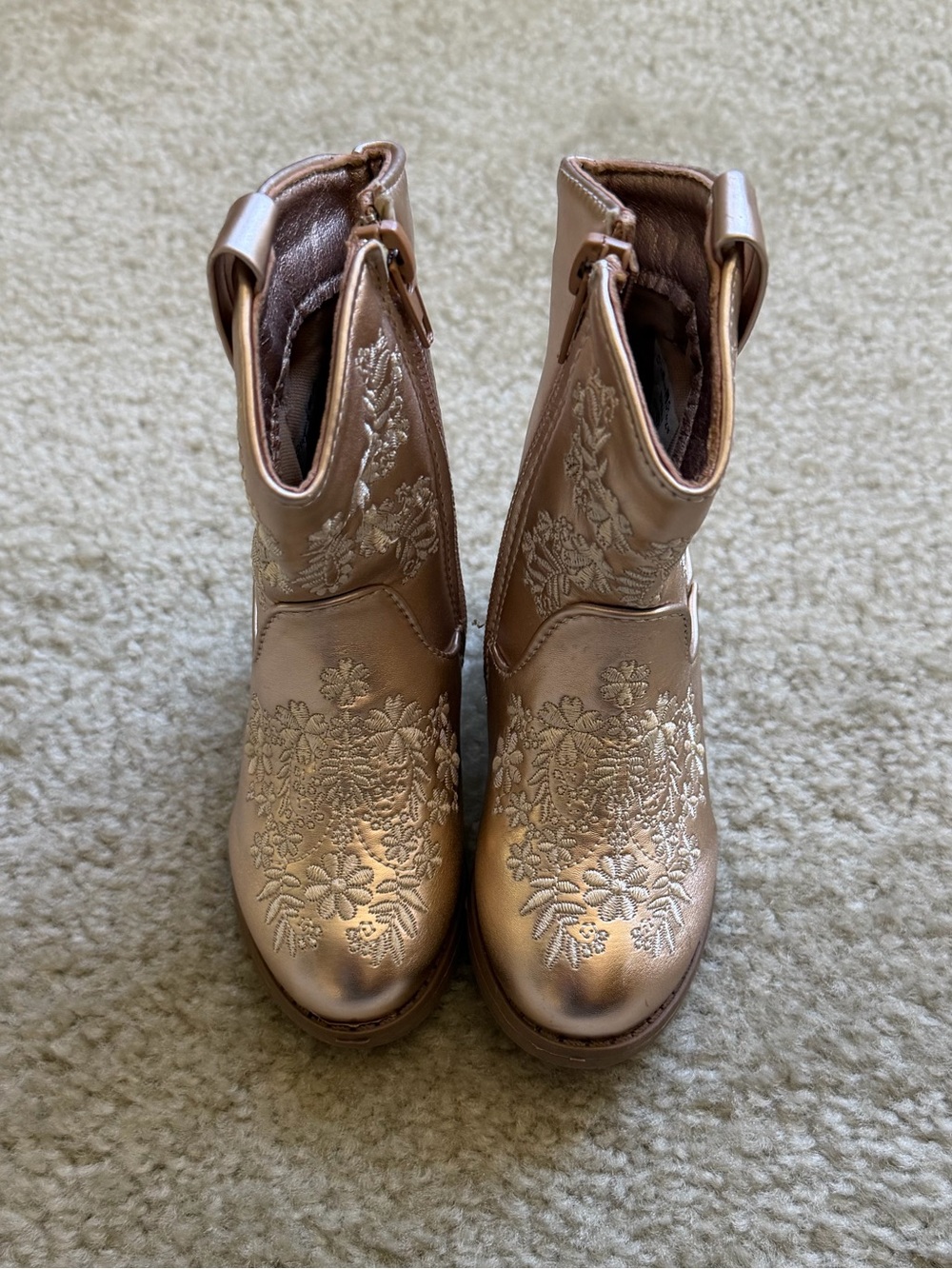 Girls Metallic Pink Floral Embroidered Western Boots with Side Zip